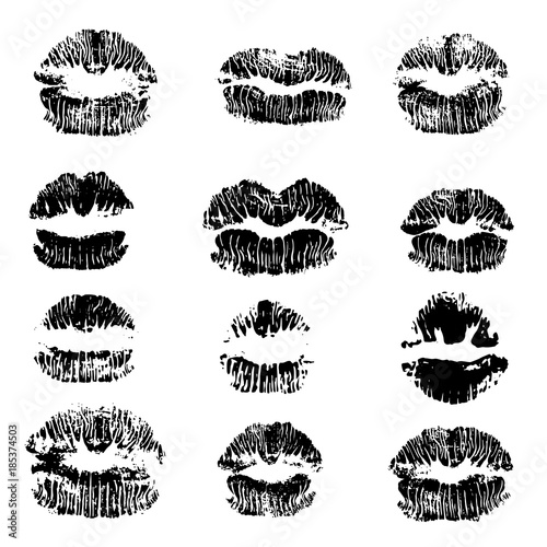 Lips track print set. Stamp of mouth collection. Vector illustration.