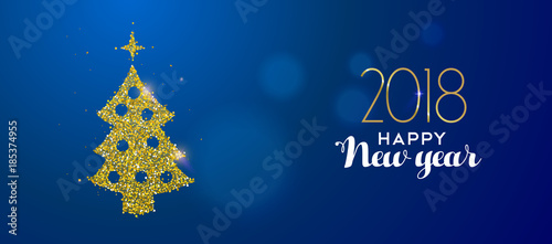 Happy New Year 2018 gold glitter pine tree card