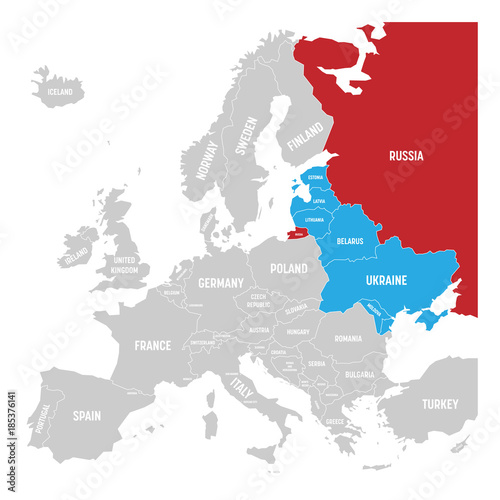 Former Union of Soviet Socialist Republics, USSR, Russia, Ukraine, Belarus, Estonia, Latvia, Lithuania and Moldova in the political map of Europe. Vector illustration.