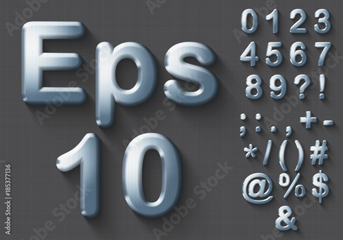 Set of polished chrome 3D Numbers and Symbols. Steel metallic shiny symbol on gray background. Good set for technology and production concepts. Transparent shadow, EPS 10 vector illustration. photo