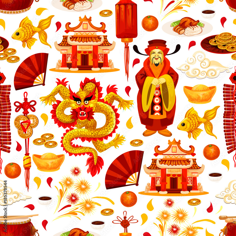 Naklejka premium Chinese lunar New Year symbols vector pattern