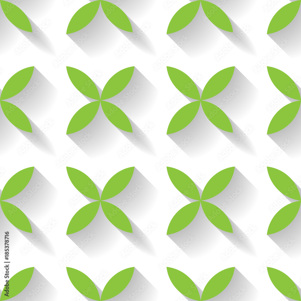 Abstract vector seamless pattern mosaic of green four leaf blooms in diagonal arrangement on white background. Simple flat desidn elements with long shadow effect.