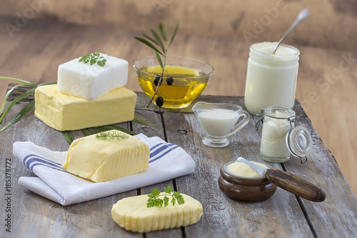Εκτύπωση καμβά food Fats and oil : set of dairy product and oil and animal fats on a wooden bac
