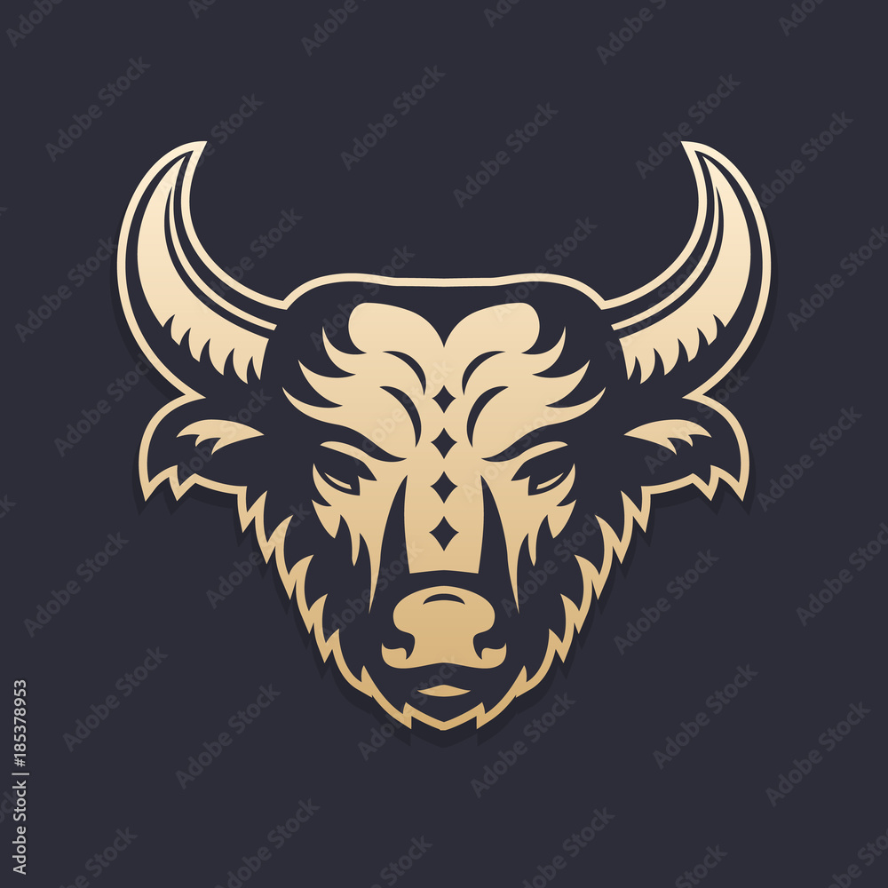 Fototapeta premium buffalo head vector illustration, gold over dark, vector pictogram