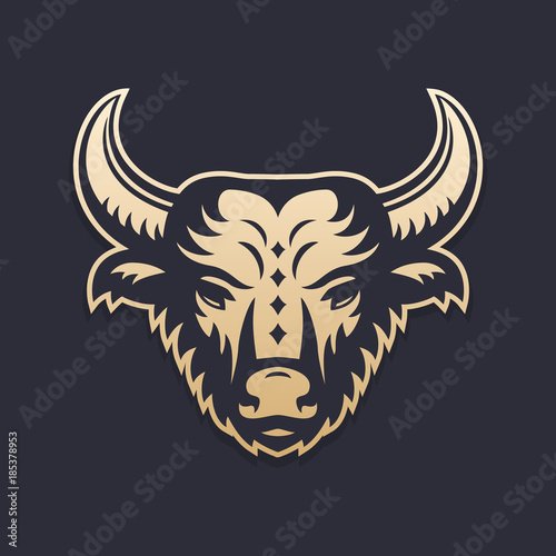 buffalo head vector illustration, gold over dark, vector pictogram