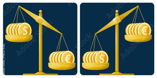 Currency rate. Dollars and euros on the scales. Vector illustration. On dark background. Elements is grouped.