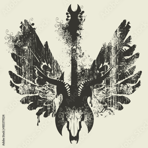 Vector illustration with an electric guitar, skull of goat and wings with splashes and curls in grunge style