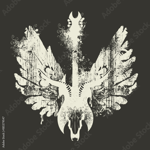 Vector illustration with an electric guitar, skull of goat and wings with splashes and curls in grunge style