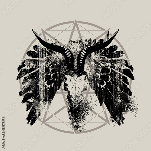 Vector illustration with skull of goat, wings and pentagram with splashes and curls in grunge style