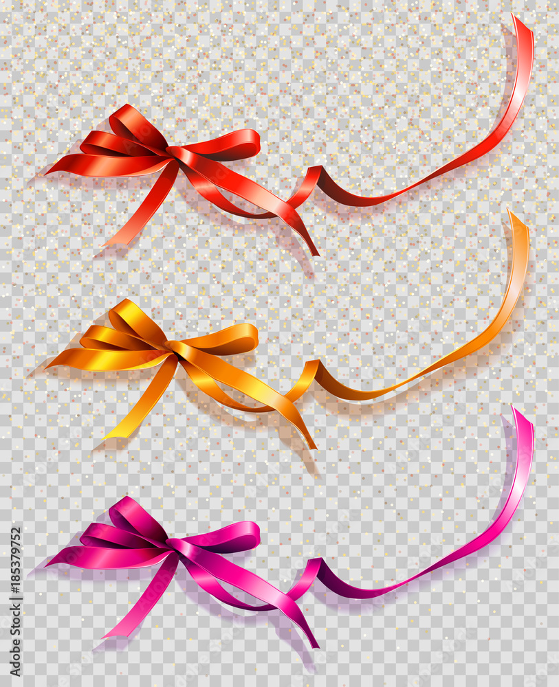 Multicoloured Ribbon Collection of multi-colored ribbons. Holiday bows on a transparent ...