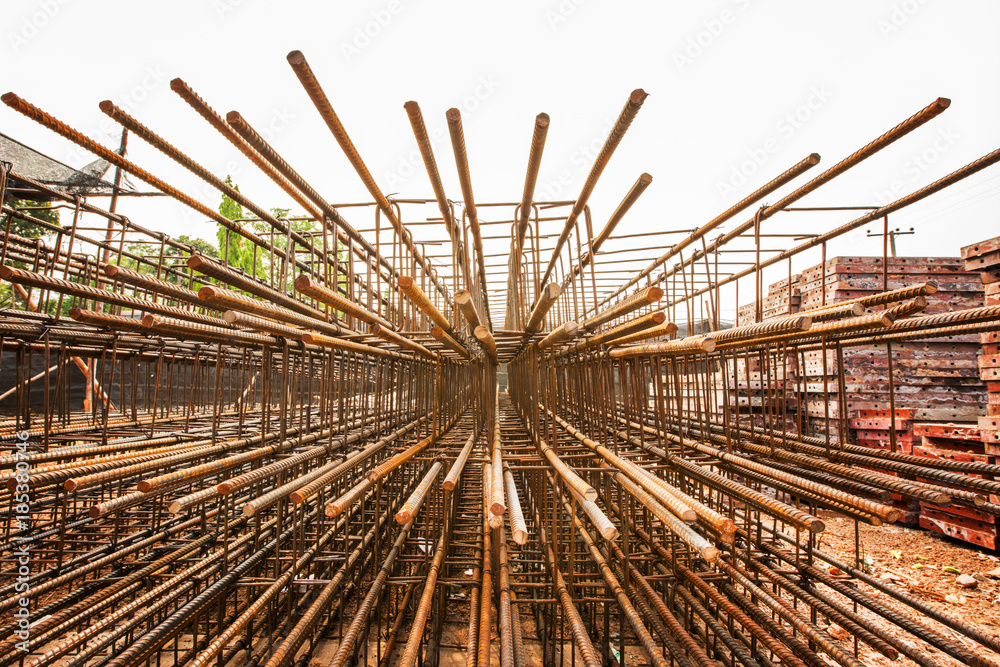 Perspective steel rods at construction building site