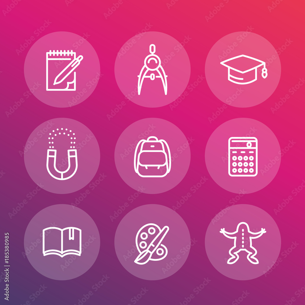 school line icons set, education, college, physics, biology, geometry, graduation cap, book, backpack, vector illustration