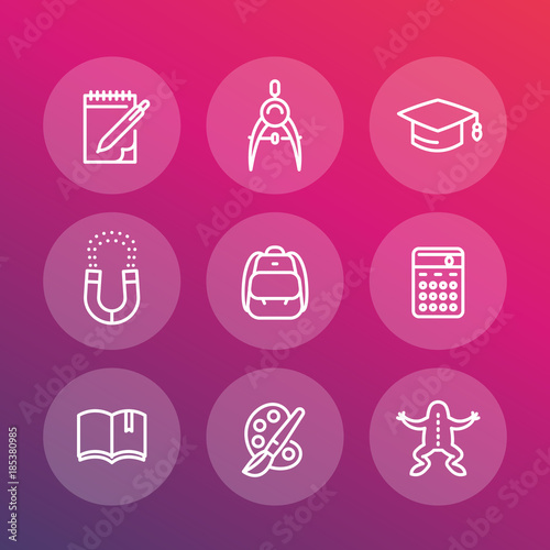 school line icons set  education  college  physics  biology  geometry  graduation cap  book  backpack  vector illustration