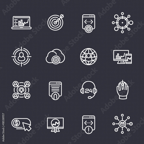 seo icons in linear style, digital marketing, website analysis, indexing