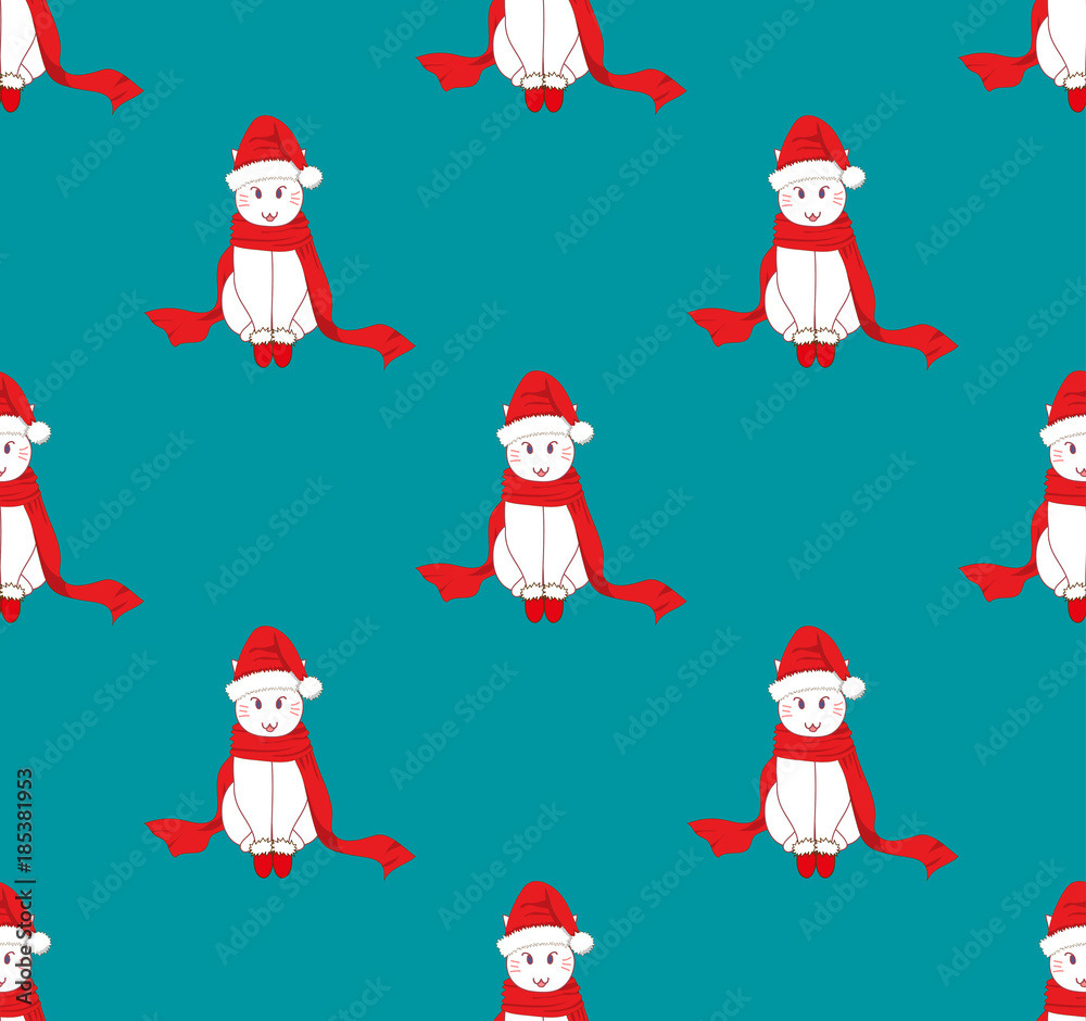 White Santa Cat with Red Scarf on Blue Background White Santa Cat with Red Scarf on Blue Background