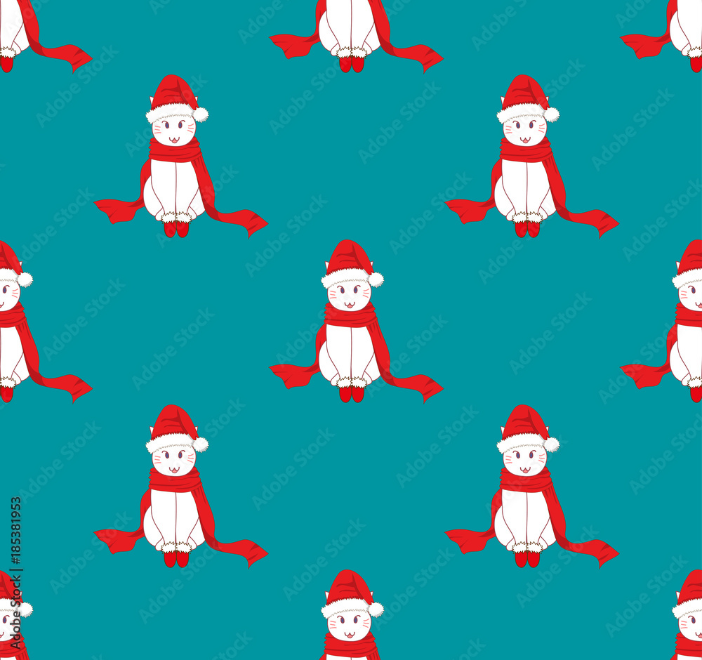 White Santa Cat with Red Scarf on Blue Background