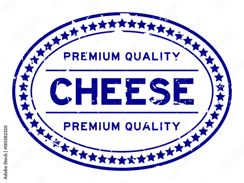 Grunge blue premium quality cheese oval rubber seal stamp on white background