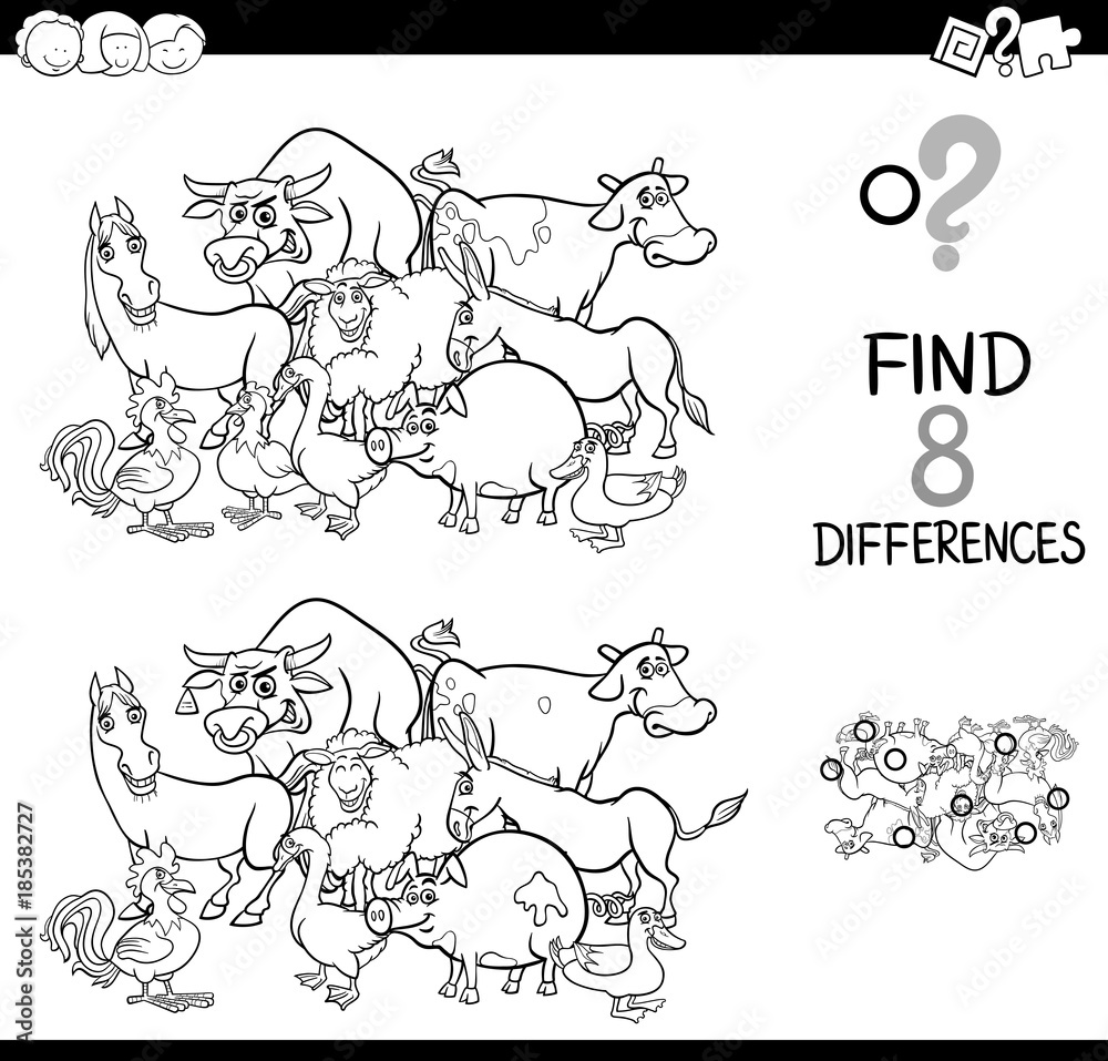 differences game with farm animals for coloring