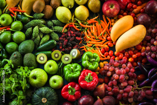 Different fresh fruits and vegetables organic for eating healthy and dieting