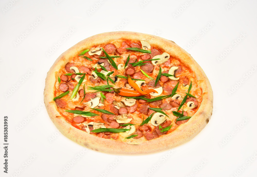 Pizza with sausages, mushrooms and green onions Pizza with sausages, mushrooms and green onions