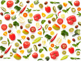 The concept of healthy eating. Pattern composition from vegetables and fruits, top view. Food background, wallpaper. Tomatoes, pepper, lemon, kiwi, basil, parsley isolated on white background.