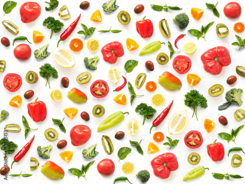 The concept of healthy eating. Pattern composition from vegetables and fruits, top view. Food background, wallpaper. Tomatoes, pepper, lemon, kiwi, basil, parsley isolated on white background.