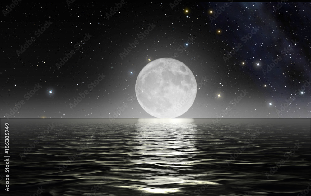 Fototapeta premium Księżyc wzrasta nad oceanem z gwiaździstym niebem w tle