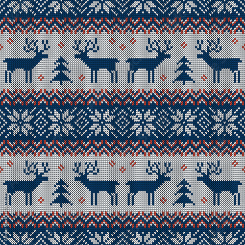 Knitted scandinavian pattern with deers. Vector.