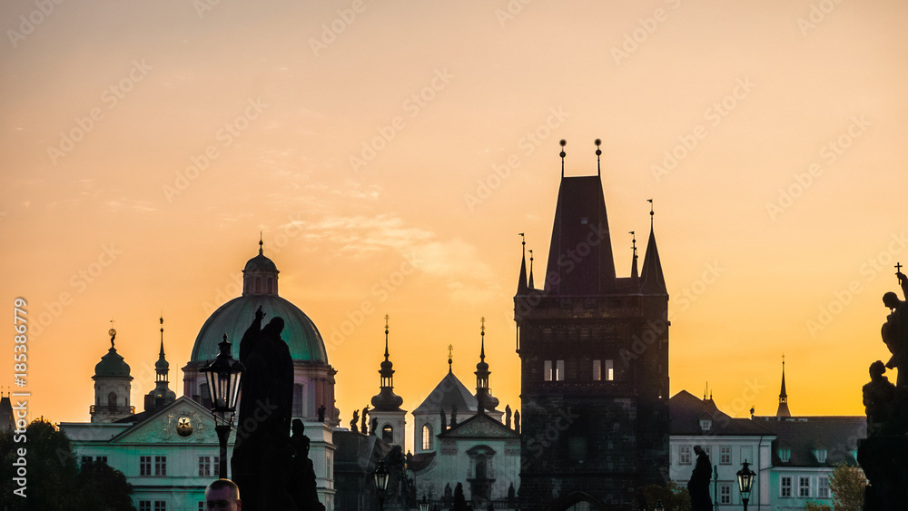 Sunset over Charles Bridge and Prague, Czech Republic