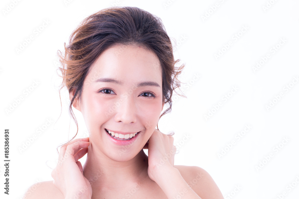 Beautiful Asian Woman Portrait. Beautiful Woman looking to camera with attractive smiling. Korean Woman Touching her Face. People with Youth and Skin Care Concept. isolated on white background. Beautiful Asian Woman Portrait. Beautiful Woman looking to camera with attractive smiling. Korean Woman Touching her Face. People with Youth and Skin Care Concept. isolated on white background.