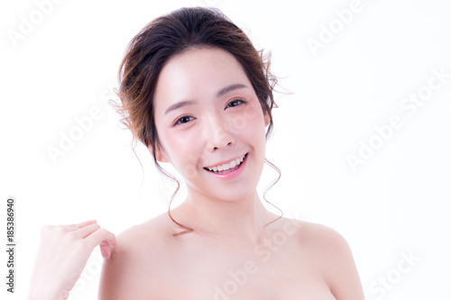 Beautiful Asian Woman Portrait. Beautiful Woman looking to camera with attractive smiling. Korean Woman Touching her Face. People with Youth and Skin Care Concept. isolated on white background.