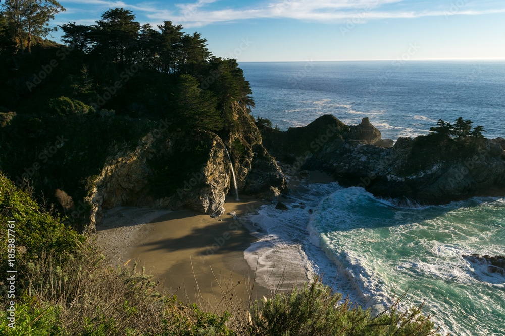McWay Falls and McWay Cove in Big Sur, CA-1, Big Sur, Carmel by the Sea, Monterey County, California, USA McWay Falls and McWay Cove in Big Sur, CA-1, Big Sur, Carmel by the Sea, Monterey County, California, USA