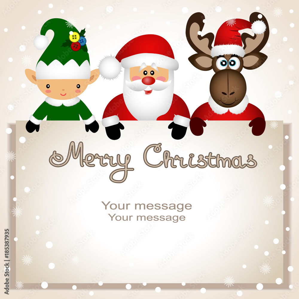Christmas card. Funny postcard with Christmas Elf, Christmas moose and Santa. Christmas card. Funny postcard with Christmas Elf, Christmas moose and Santa.