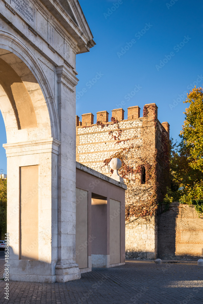 Madrid gate and old walled enclosure. The old construction was rebuilt in the year 1788 to replace one of the medieval gates of the old walled enclosure, started to build in the thirteenth century.