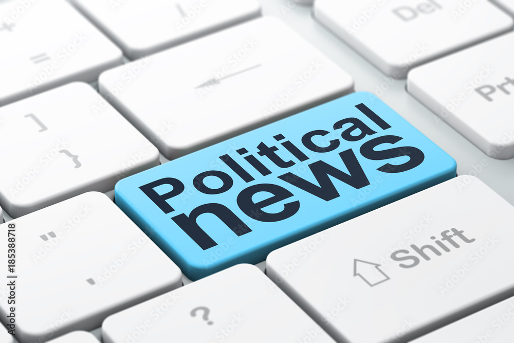 News concept: computer keyboard with word Political News, selected focus on enter button background, 3D rendering News concept: computer keyboard with word Political News, selected focus on enter button background, 3D rendering