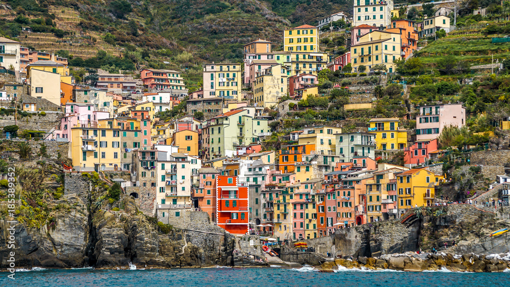 View from the sea of Riomaggiore, Cinque Terre, Italy
