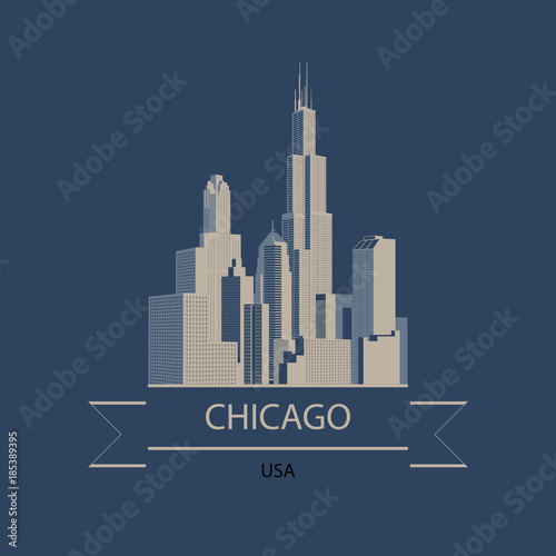 Travel banner or logo of Chicago and USA with the modern buildings silhouette