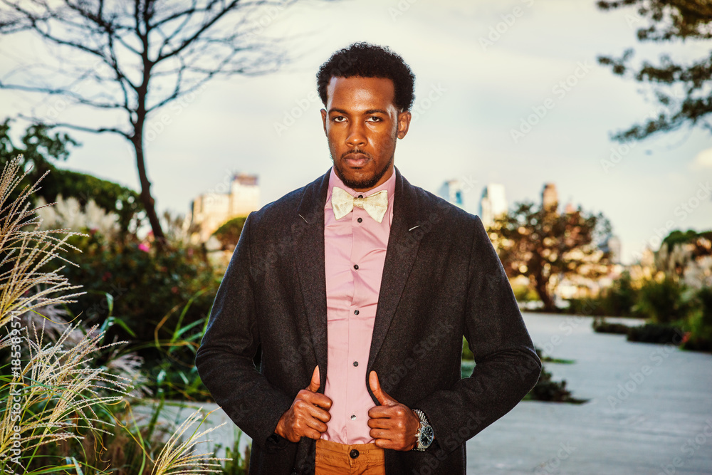 African American Businessman traveling in New York. Wearing woolen  overcoat, pink shirt, bow tie, wristwatch, young black man with beard  standing at park in sunset, looking at you. Winter Fashion.. Stock Photo