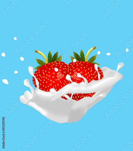 Ripe strawberries with a branch and leaves in the spray of fresh milk or cream.