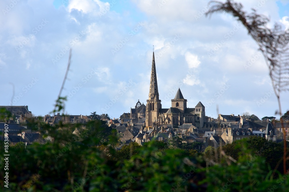 La cathédrale Saint-Tugdual de Tréguier vue depuis les hauteurs de la campagne bretonne du Trégor