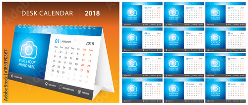 2018 DESK CALENDAR, week start on Monday. Set of 12 months, corporate design planner template, size printable calendar templates.