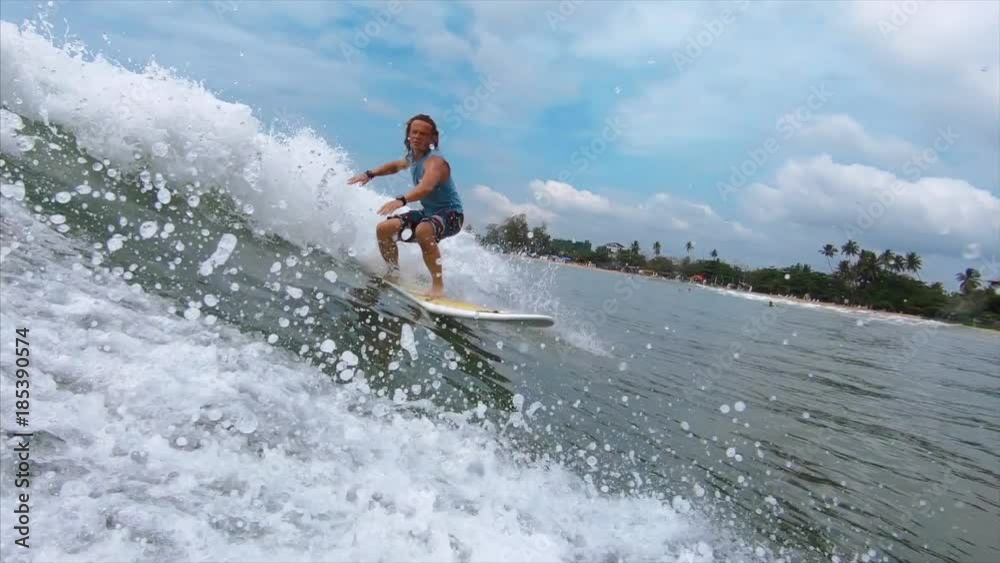 Amateur surfer rides the wave and falls Amateur surfer rides the wave and falls
