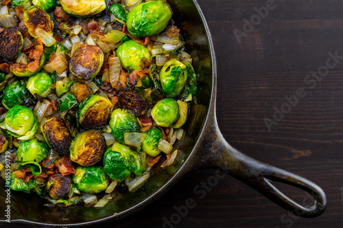 Diagonal Cast Iron Skillet with Brussels Sprouts