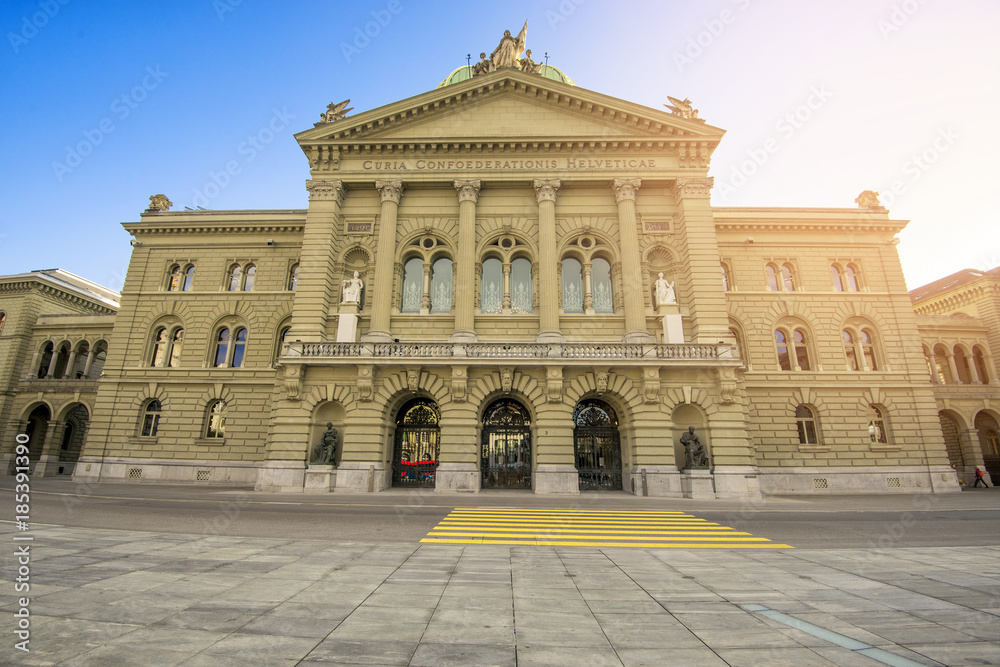 Bern, Switzerland - October 30, 2017: The Federal Palace, which is the seat of Federal Parliament (Swiss Federal Assembly), is located in a large building which dominates this part of the city.