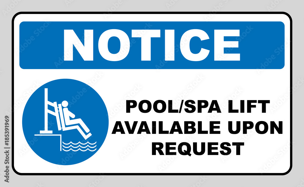 Pool and spa lift for disabled sign. Disability people information flat icons isolated on white background. Blue mandatory symbol. White simple pictogram. Notice banner. Pool and spa lift for disabled sign. Disability people information flat icons isolated on white background. Blue mandatory symbol. White simple pictogram. Notice banner.