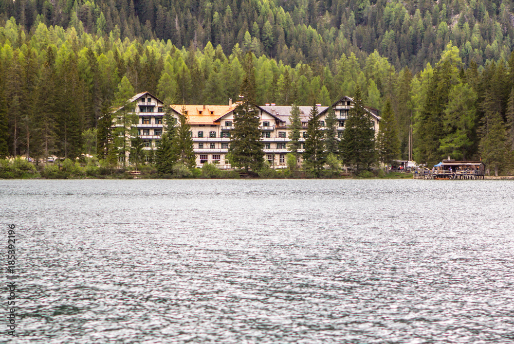 Hotel on Lake Braies in Dolomites, Italy