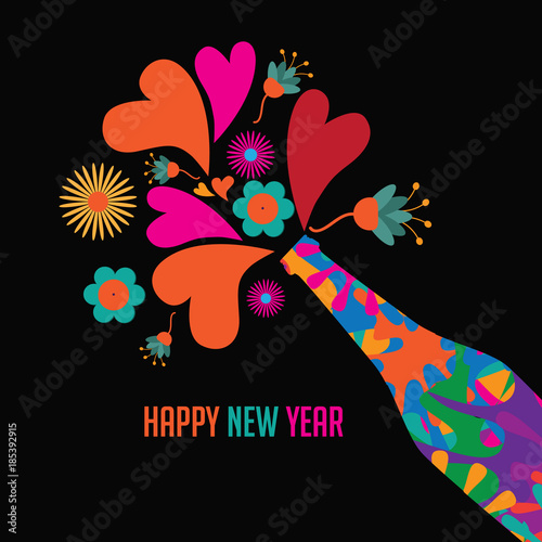 Psychedelic Happy New Year card design. Champagne celebration bottle making toast with colorful hearts and flowers to bring in the new year. EPS 10 vector illustration.