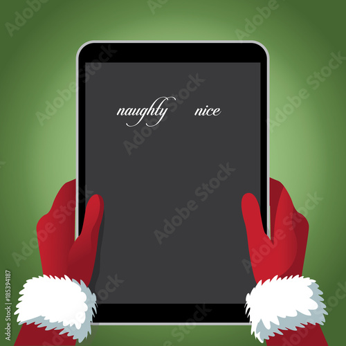 Santa Claus holding a tablet with his naughty and nice list. EPS 10 vector illustration.