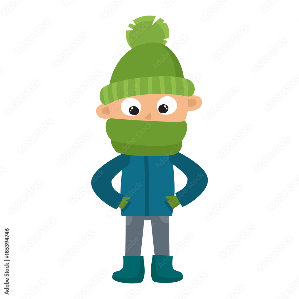 Teenage in big green scarf and hat, cartoon vector illustration