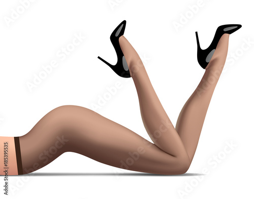 Legs of lying woman in dark pantyhose and high-heeled glossy black shoes